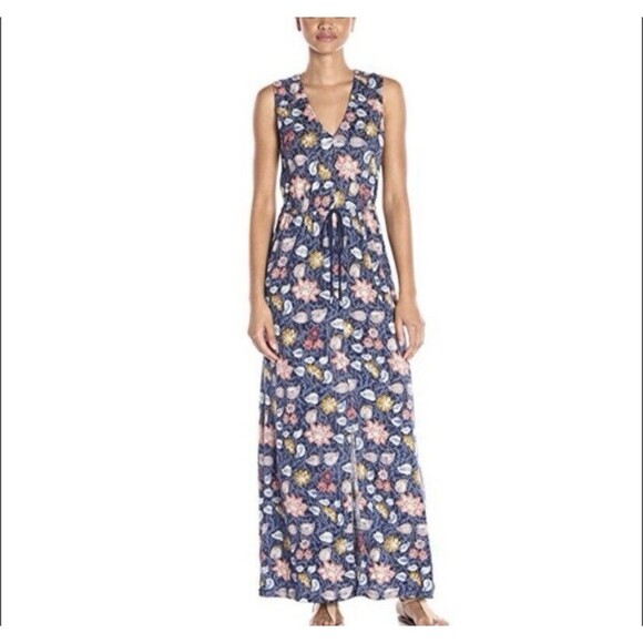 ⭐️ Lucky Brand Maxi Dress Sleeveless Floral Batik Sz XL Drawstring Waist Blue - Picture 1 of 8
